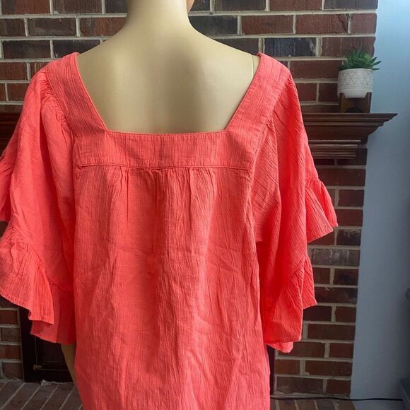 Terra & Sky Women’s‎ Plus Size 0X 14W Coral Orange Square Neck Blouse Ruffle New - Picture 5 of 16
